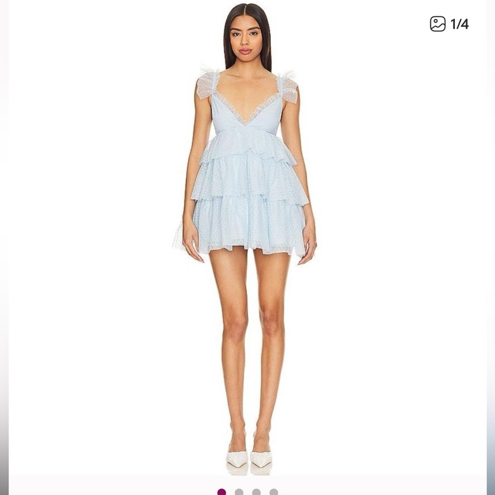 Light Blue Tiered Mini Dress with Tulle Shoulders